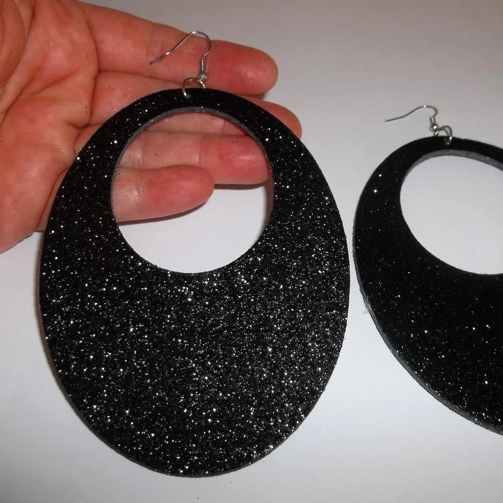 Oversized Extra Large Earrings Black Glitter Oval Hoop Hooped Set Drop A292
